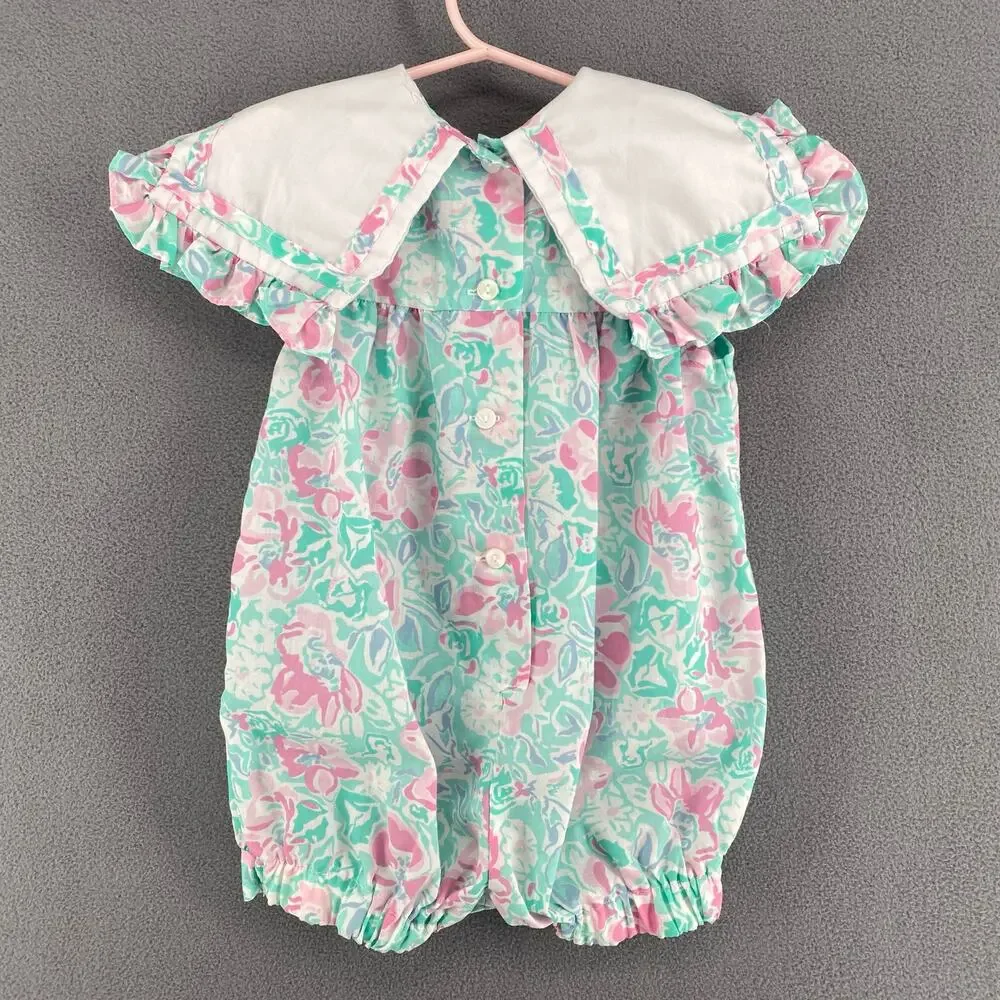 Vintage 80s 90s Lightning Bug Romper Playsuit‎ Kids 2T Floral Ruffle Bow Collar